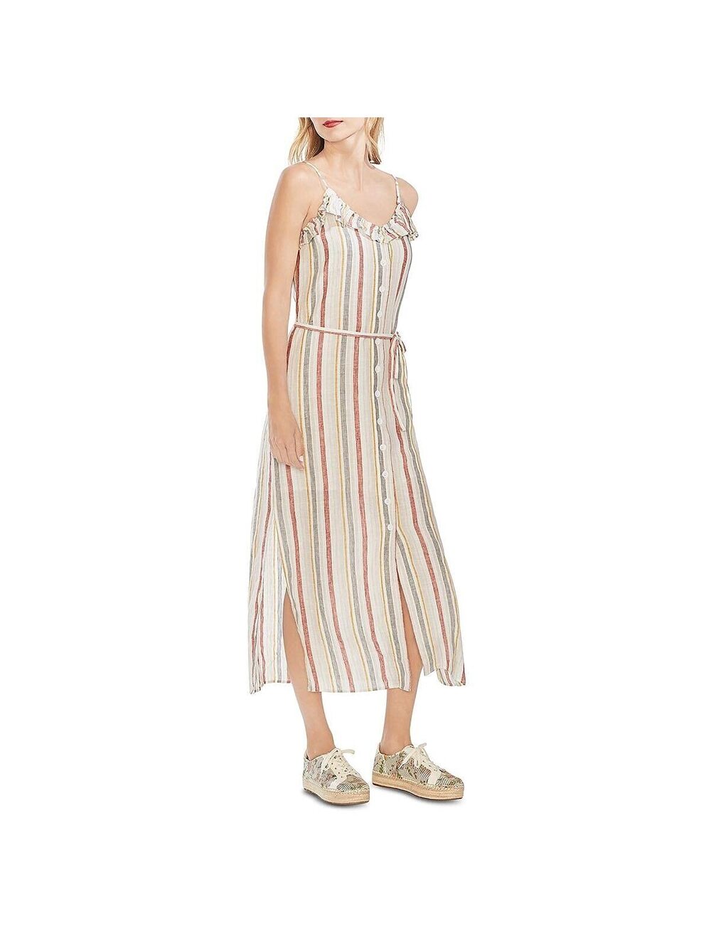 Vince Camuto Woman's Canyon Stripe Button Down Ruffle Edge Dress Size M
